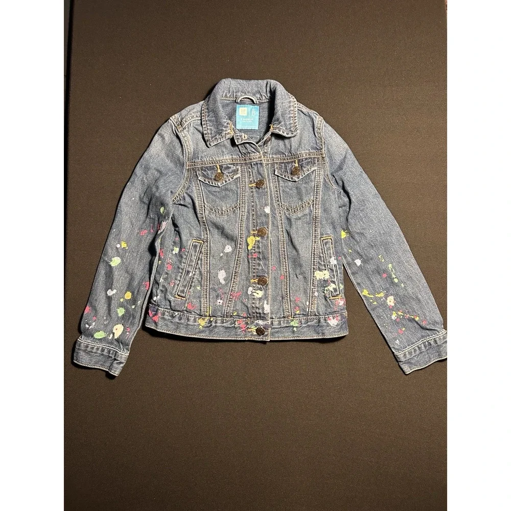 Gap Kids Girls Denim Jacket Paint Splatter Artist Distressed Blue Size M 8/9